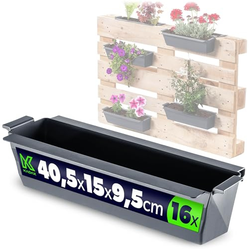 KADAX Set de 16 jardineras de palet para palets europeos con sistema de suspensión, 37x9 cm Antracita. Jardineras para plantar y decorar como macetero de balcón, inserto de maceta y maceta para