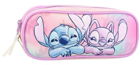 mybagstory Stitch & Angel Disney Federmäppchen, 22 x 9 x 8 cm | Schüleretui mit 2 Fächern | Aufbewahrung für Bleistifte | offizielles Design Mädchen Pastellfarben | Zubehör für die Grundschule