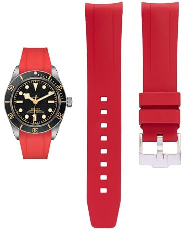 FKM Gummiband für Tudor Black Bay 58 Uhren, Ersatz-Gummiband mit gebogenem Ende für Tudor-Uhren (Rot, 20 mm)
