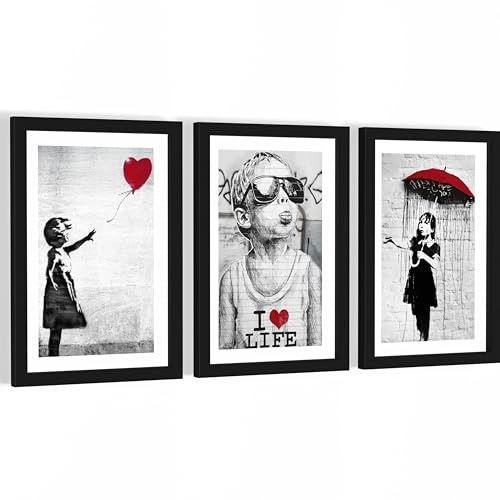 Novart Set de tableaux Banksy en collage - avec cadre - décoration murale pour salon et bureau - 3 pièces de street art - N103130aR2