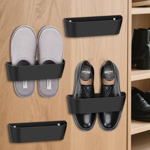 MIUUIPI 4 Stück Schuhhalter Wand, Tür Schuhaufhänger, Schuhorganizer Hängend, Schuhregal Camping, Ohne Bohren, Schuh-Organizer für Wohnmobil, Camping, Badezimmer, Wohnzimmer (Schwarz)