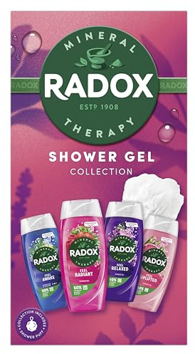 Radox Shower Gel Bundle Collection Gift Set with four shower gels and a shower puff perfect for any occasion 4 piece