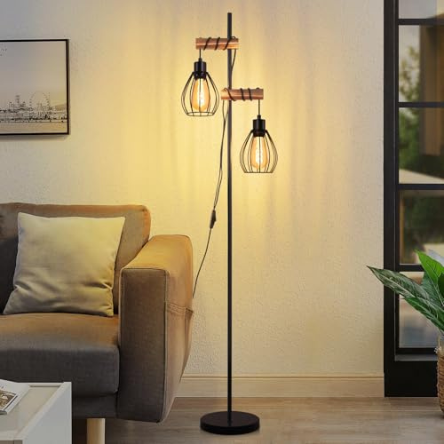 ZMH Lampada da terra per soggiorno vintage nera: lampada da terra in legno, industriale in metallo E27, 2 luci con paralume a gabbia 152 cm (senza lampadina)