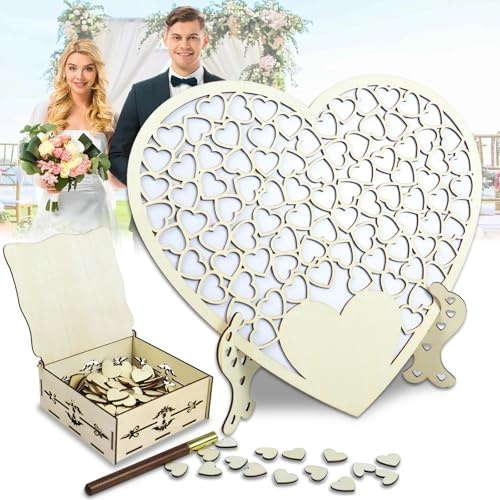 Libro degli Ospiti di Nozze Cuore in Legno, Decorazioni per Matrimoni a Cuore in Legno, Cornice Cuore + 101 Cuori in Legno + Scatola Portaoggetti + Penna in Legno di Sandalo, Decorazione Matrimonio