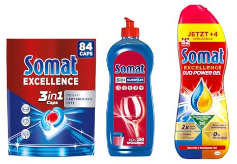 SOMAT Excellence 3in1 Caps 84 Stück 1,52 kg + Duo Power Gel 992 ml + 5in1 Klarspüler 750 ml – kraftvolle Reinigung und strahlender Glanz für die Spülmaschine
