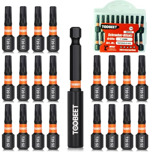 Toobeet Set di punte per cacciavite a percussione Torx, 20 pezzi, in acciaio magnetico S2, 25 mm, T20, resistente agli urti, per utensili a percussione, con 1 portapunte lungo (75 mm)