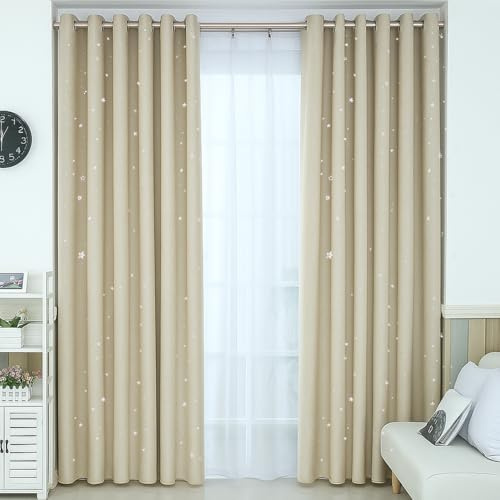 Freyamy Kinderzimmer Vorhang 2x100x130cm(HxB) Stern,Beige Modern Kinder Sterne Blickdichte Gardinen Jungen Mädchen Kinder für Mädchenzimmer Vorhang Mit Ösen