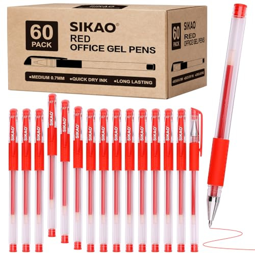 Sikao Rote Gelstifte 60 Stück, 0,7 mm Fein Gel-Tintenroller, gleichmäßiges Schreiben, schnelltrocknende rote Tinte ohne Verschmieren, hochwertiger Kugelschreiber zum Korrigieren, Markieren für Schule