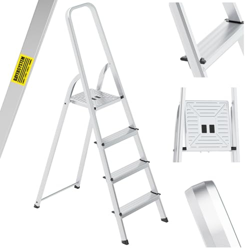 Bayersystem Aluminium-Stehleiter, 4-stufig, leicht, klappbar, tragbar, robust, breite Plattform, 150 kg Tragkraft, rutschfeste Füße, Mehrzweckleiter für Haushalt, Lager, Büro