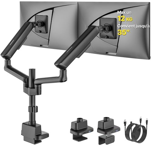monTEK Monitor Halterung 2 Monitore für 17-35 Zoll Bildschirme | Bis zu 12kg, Hoch Monitor Arm mit USB, 360° Drehbar, VESA 75/100, Neigbar, Schwenkbar, Drehbar