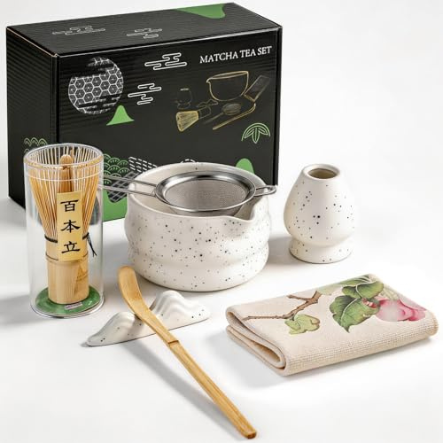 Matcha Set 8-Piece Premium Tea Ceremony Kit with Ceramic Bowl, 100+ Tines Bamboo Whisk (Chasen), Holder, Spoon, Strainer & Cloth (Weiß, Weiß mit Punkten)