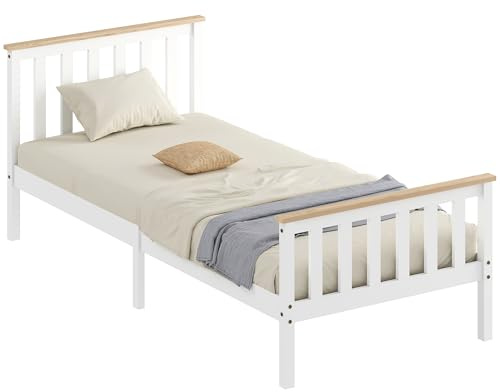 HOMCOM Bett 90 x 200 cm Einzelbett aus Holz mit Lattenrost Natur+Weiß