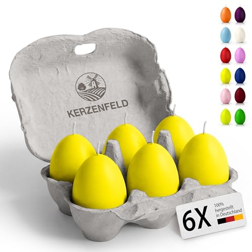 Bunte Eierkerzen 6 Stück, 60 x 45mm hochwertige Osterdeko - Ostereier Kerzen mit 7+ Stunden brenndauer, Made in Germany - Unparfümiert und RAL-Zertifiziert (Gelb)