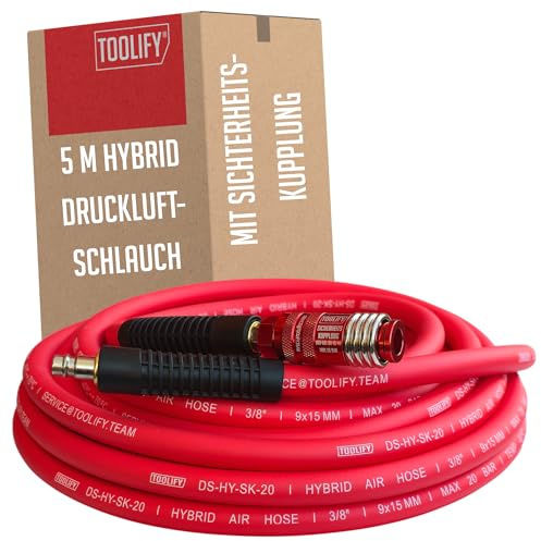 Hybrid-Druckluftschlauch 5 m mit Sicherheitskupplung & Knickschutz | Flexibler Kompressorschlauch aus Gummi/PVC, 9×15 mm, max. 20 bar, gewebeverstärkt, kälteflexibel, ölbeständig, geruchsneutral