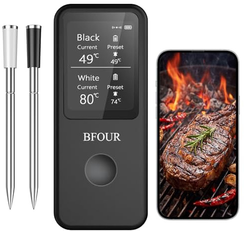 BFOUR Trådlös köttermometer med 2 sonder, Bluetooth-stektermometer digital trådlös för rotisserie grillugn, appkontroll, ± 0,5 ℃ noggrannhet, diskmaskin vattentät