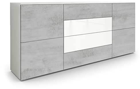 Vladon Sideboard Rova, Made in Germany, Kommode mit 4 Türen und 4 Schubladen, Weiß matt/Beton Oxid Optik/Weiß Hochglanz (166 x 72 x 35 cm)