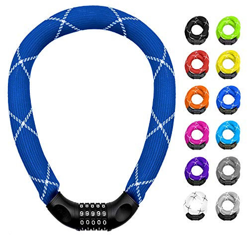 nean Fahrradschloss mit Zahlen, Kettenschloss hohe Sicherheitsstufe, Fahrrad Schloss Zahlenschloss mit Code, Kette aus gehärtetem Stahl, extrem robuste Gewebeummantelung, blau, 6 x 6 mm x 900 mm