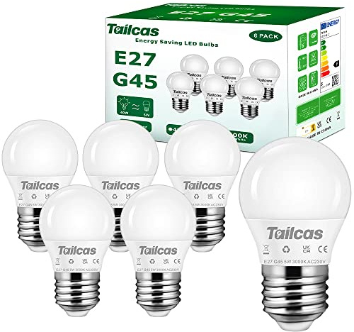 Tailcas E27 Screw Bulb 40W Equivalent, 5W ES LED Bulb Warm White 3000K | 450LM Small Edison Screw in Light Bulbs, Non Dimmable, G45 Golf Ball Energy Saving Light Bulb for Home Lamp, 6 Pack
