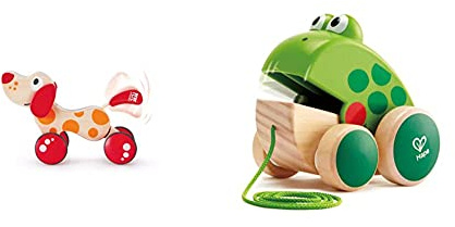 Hape E0347 - Nachziehhund Pepe, Nachziehspielzeug, aus Holz, ab 12 Monate & E0361 Nachziehfrosch Fridolin, Mehrfarbig