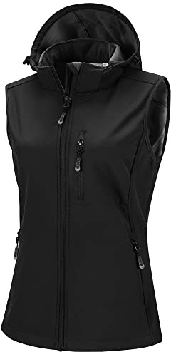 33,000ft Women's Lightweight Softshell Gilets with Hood Sleeveless Jacket Waterproof Windproof Vest Lady's Fleece Lined Vest with 5 Zip up Pockets Black L