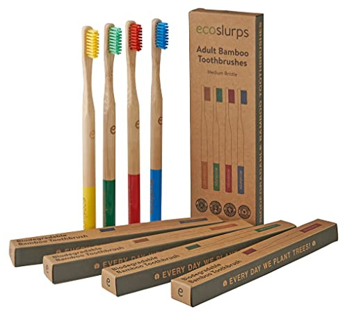 EcoSlurps Bamboo Toothbrushes - 4 Pack of Adult Bamboo Toothbrush Multipacks - eco Friendly Toothbrush with Different Colour Handles (4 Multicoloured)
