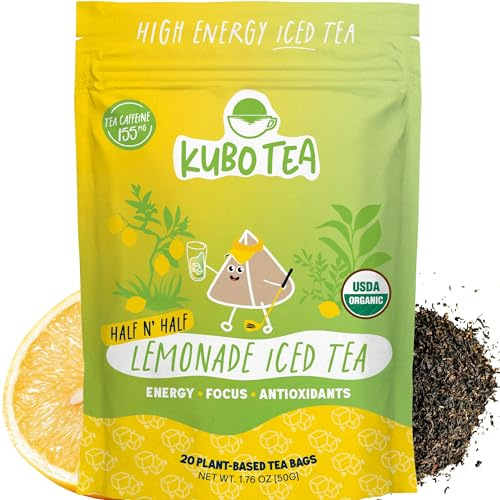 High Caffeine Iced Tea (155 mg) - Kubo Tea: Organic Half & Half Lemonade Black Tea Bags for Clean Energy & Focus | Healthy Coffee Substitute | High Energy Iced Blend | 20 Ct | Compostable Packaging