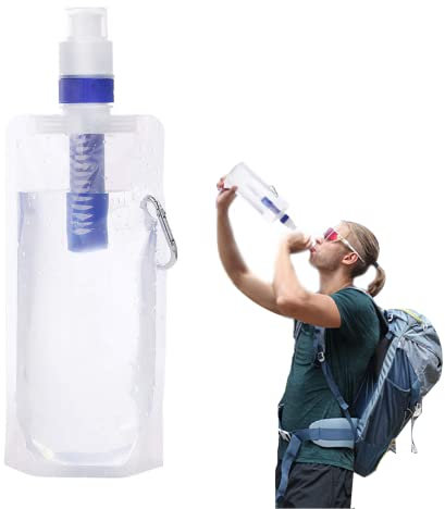 ROUDJER Filtre à eau en paille - Purificateur d'eau personnel - 480 ml - Pliable - 0,01 micron - Avec mousqueton robuste pour randonnée, camping, voyage, préparation aux urgences (blanc)
