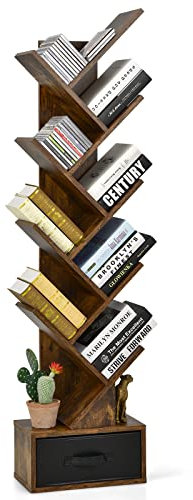 GIANTEX Bücherregal 10 Ebenen mit Schublade, Baum CD DVD Regal, Standregal in Baumform, Raumteiler Aktenregal Aufbewahrungregal Holz, freistehendes Holzregal 38x20x149,5 cm vintagebraun