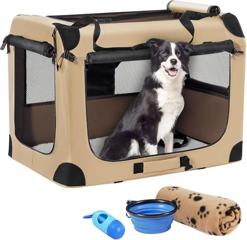 Petprsco Bärbar hundlåda – 81 cm x 58 cm hopfällbar hundreselåda för medium/stora hundar med mjuk filt, vikbar skål och bajspåsar – inomhus- och utomhusbruk