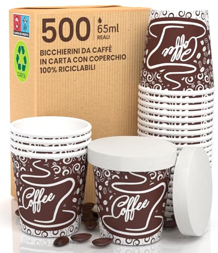 500 Bicchierini in Carta per caffè 65ml ASPORTO BrownCUP con COPERCHIO in carta Bicchieri Ecologici Biodegradabili Monouso Piccoli Asporto Bevande Calde + 500 coperchi