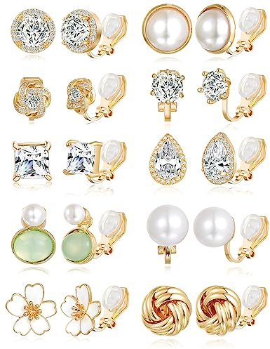 Tornito 10 Pairs Clip on Stud Earrings Non Pierced Teardrop Round Square CZ Pearl Twist Knot Flower Clip on Earrings for Women Gold Tone