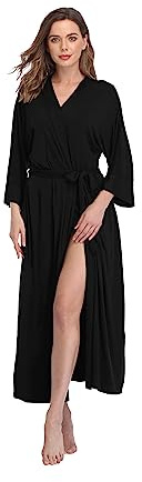 Teemie Albornoz para Mujer ligero de Bata Casa Baño Larga Suave Ducha Batas Manga 3/4 Cuello en V Ropa lujo kimono Sexy Robe Invierno con Cinturón Bolsillos Sauna Spa Playa Negro S