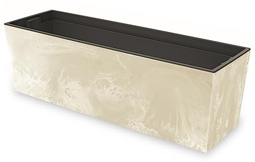 botle Jardinera con práctica maceta. Longitud: 77 cm. Jardinera de plástico con aspecto de hormigón, estructura de hormigón, color crema, interior/exterior