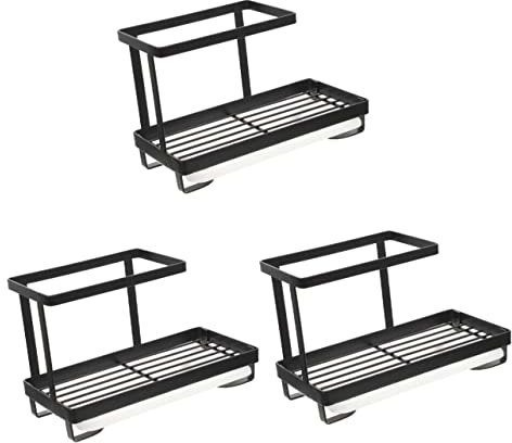 OQHAIR 3 organizadores de Utensilios, escurridor de Fregadero, Estante de Tela de desagüe Negro, Soporte de baño con Cepillo de Carrito extraíble, Plato de Secado Desmontable de Acero, sa