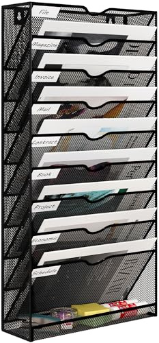 EasyPAG Metal 10 Tier A4 Wall Mounted Document Holder,Hanging Wall File Organiser,Pigeon Holes Storage,In Tray,Magazine Rack for Office & Home,Black