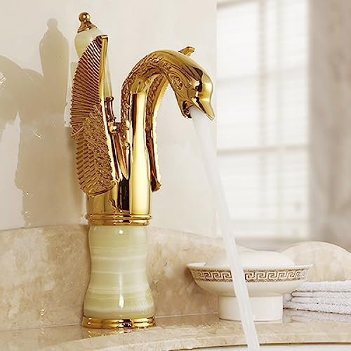 Full Copper European Swan Gold Hot and Cold Basin Faucet Bathroom Vintage Paint Antique Chrome Mixed Faucet, Gold Green Jade Dwarf Model