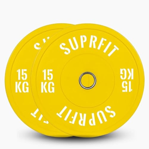 SUPRFIT gummerade fitnessstötdämparplattor 50 mm viktskivor av massivt gummigranulat – vikt: 2 x 15 kg, stötabsorberande hantelskivor 50 mm för hantelträning, viktskivor – färg: gul/vit