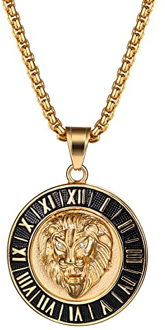 OIDEA Colgante para hombre y mujer, moneda de oro, cabeza de león con números romanos, collar de acero inoxidable, círculo hiphop viking