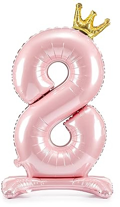 XXL Folienballon 8 Hellrosa – selbststehender Ballon 84cm | Zahlenballon 8 mit Standfuß & goldener Krone, nur Luftbefüllung, kein Helium nötig, Deko für 8. Geburtstag Mädchen