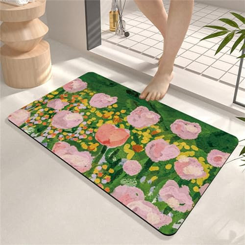Badezimmerteppich, Badematte, Badematte Stein, Teppich Läufer, Stone Bath Mat, Badteppich Rutschfest Waschbar, Absorbierende Badematte, Duschmatte, Badvorleger, Duschvorleger, Carpet Pink-50x80cm