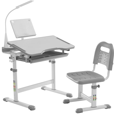 Diroan Kids Functional Desk and Chair Set, Ergonomic Height Adjustable Children School Study Desk with Tilt Desktop, Book Stand, LED Light, Metal Hook and Storage Drawer for Boys Girls(Grey)