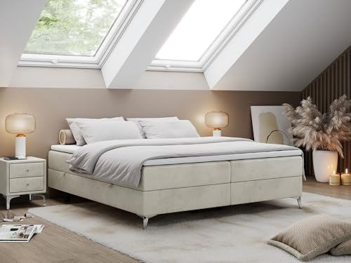 MKS MEBLE Boxspringbett Less 160x200 cm, Bett mit Bettkasten, Multipocket Matratze H4 7-Zonen, Topper T25, minimalistisches Doppelbett – Beige Velvet