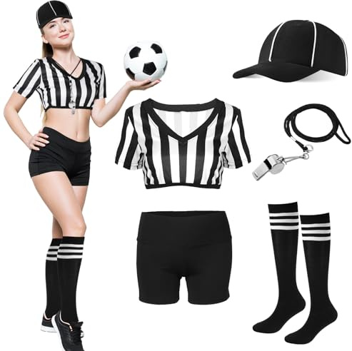 Cuffbow Referee Costume for Women White Black Stripe Shirt Shorts, Small
