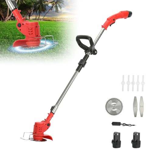 Shienfir 450W Electric Grass Trimmer and Edger, 12V 2000mAh Hedge Trimmer with 2 Batteries & Quick Change Spare Blades Telescopic Garden Lawn Edger Tool for Trimming Grass Weed Red
