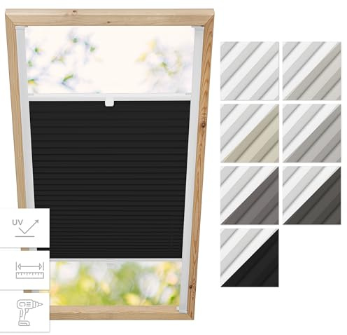 Estika Dachfenster-Plissee mit Bohren – Verdunkelung & Thermo, für Fakro-Fenster Modell 55/98, Stofffarbe Graphit-Weiß – Dachfensterrollo, Innenrollo, Fensterplissee