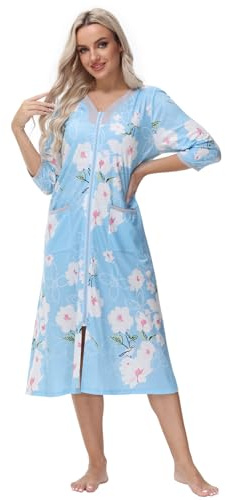Verve Jelly Women's Zipper Robes 3/4 Sleeve Floral Print Bathrobe Lightweight Housecoats with Pockets Ladies Loungewear