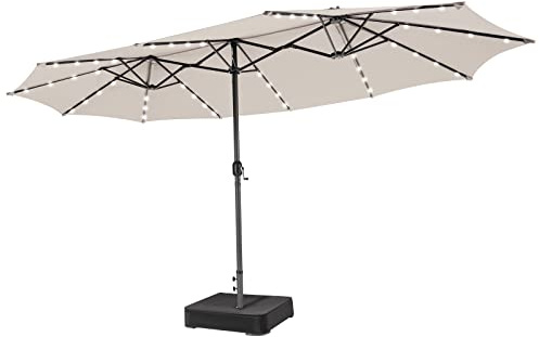 COSTWAY Ombrellone Giardino Doppio 450 x 260 cm, 48 Luci LED e Base (Beige) | Ombrellone Rettangolare con Manovella 12 Stecche, Base, Anti-UV, Rettangolare, per Giardino Piscina Cortile