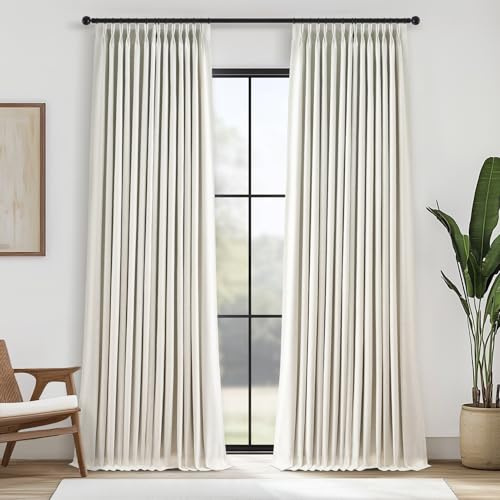 Extra Long 100% Blackout Linen Curtains 108 Inches Long for Living Room Large Window with Hooks Rings,Ceiling to Floor Pinch Pleated Cold Blocking Acoustic Heavy Ivory Track Curtains 2 Panels 9 FT