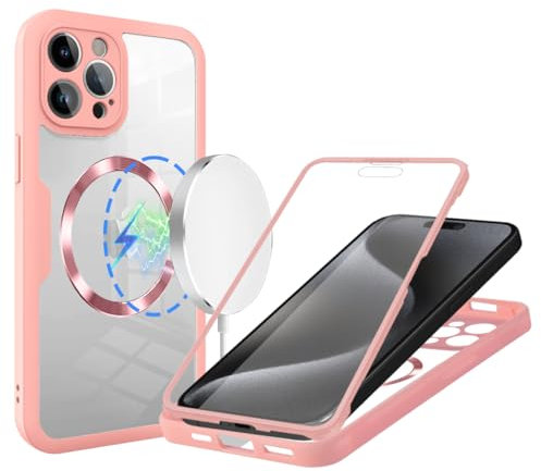 YANJIEER ESONG Funda magnética para iPhone 16,Transparente Carcasa Compatible con Magsafe,Protector de Pantalla+Protectores de Lente de cámara,Protección Completa de 360 Grados Antigolpes Rosa