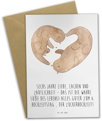 Mr. & Mrs. Panda Glückwunschkarte 6. Hochzeitstag Zuckerhochzeit - Geschenk, sechs Jahre, Liebe, Zärtlichkeit, neujahrskarte, weihnachtskarten, Geschenke, Grußkarte, Feier, Grußkarten, Heirat